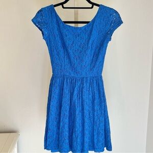 B. Darlin Cobalt Blue Lace Overlay Cap Sleeve Fit & Flare Exposed Zip Dress